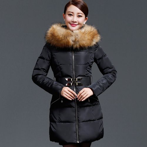 雪奥2015新款优质鸭绒连帽大毛领羽绒服女中长款修身加